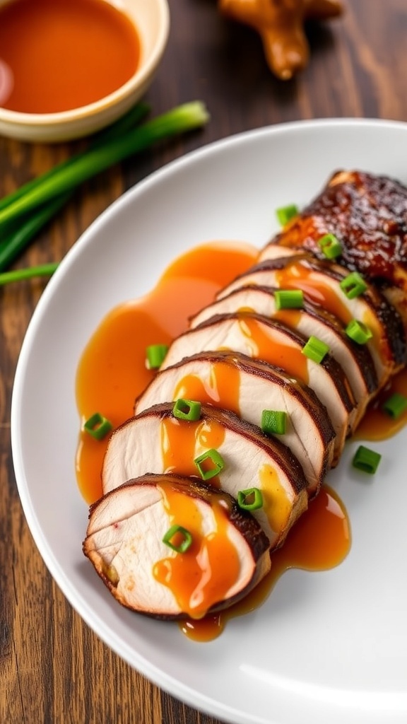 Sliced duck breast with orange sauce and green onions on a white plate.